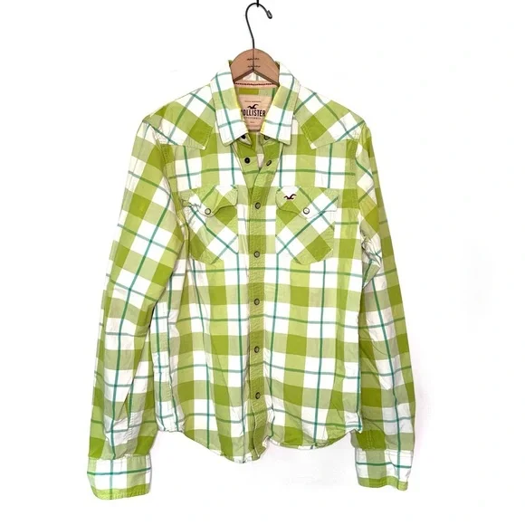 Hollister Men’s Green and White Plaid Snap Button Down Shirt Size Large - Picture 1 of 9